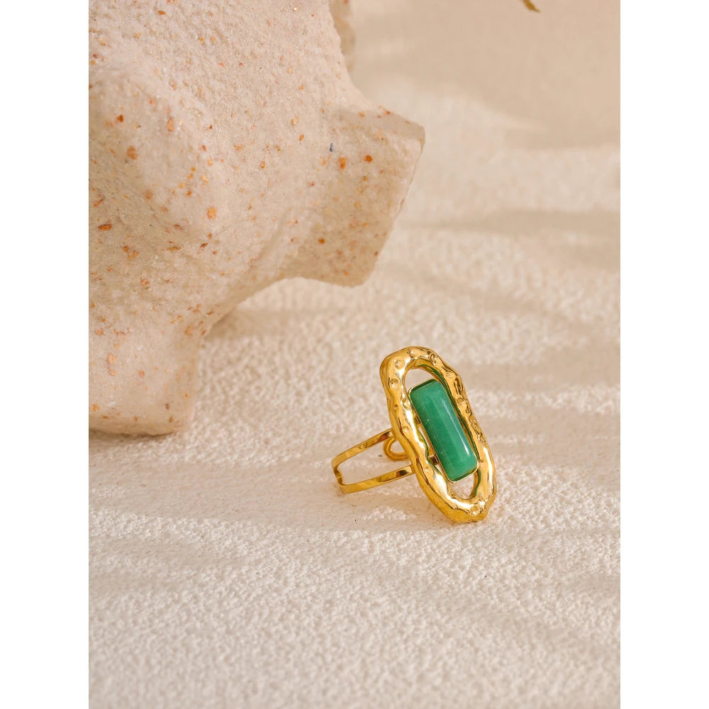 Yhpup-Pedra Natural Anel Aberto Ajustável, Punho De Ágata Verde, 18K PVD Banhado, Aço Inoxidável, Dedo Dourado Jóias, Presente Da Moda, 2024