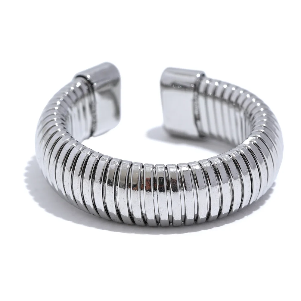 Yhpup moda aço inoxidável redondo elástico aberto anel minimalista 18k pvd banhado metal clássico textura jóias anillo bijoux
