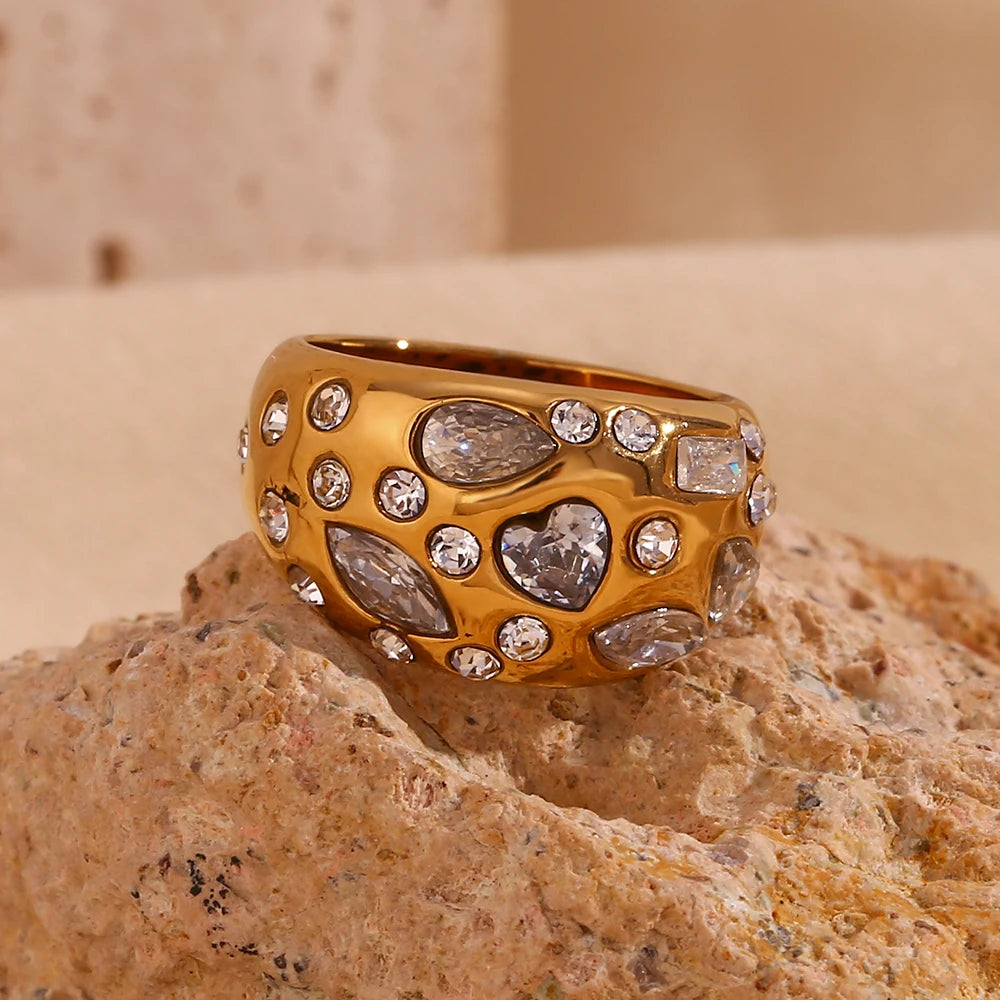Anel de cúpula de strass para mulheres, olho de cavalo, coração, zircão hipoalergênico, banhado a ouro 18k, aço inoxidável 316L, decoração