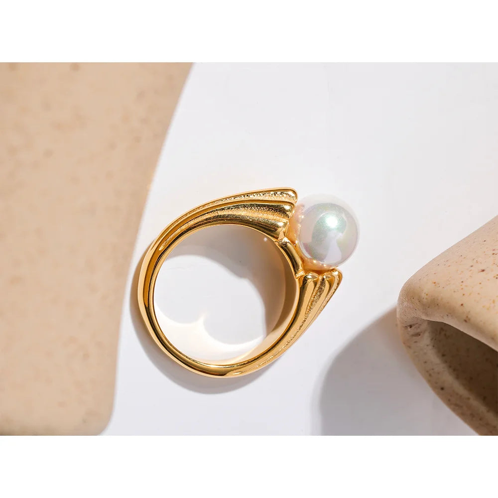 Yhpup-Anel de Pérola de Aço Inoxidável para Mulheres, Amuleto de Ouro 18k, Joia Vintage Elegante, Presente de Gala