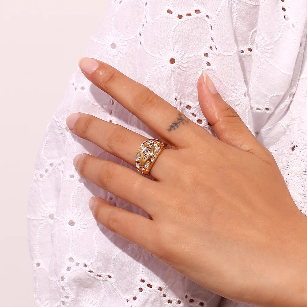 Anel de cúpula de strass para mulheres, olho de cavalo, coração, zircão hipoalergênico, banhado a ouro 18k, aço inoxidável 316L, decoração