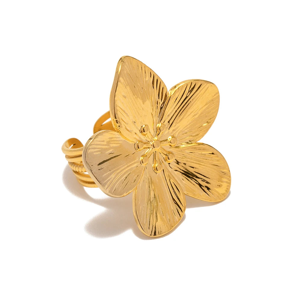 Uworld-anel aberto grande impermeável para mulheres, flor de aço inoxidável, cor de ouro 18k, moda moderna, jóias estilo verão, festa