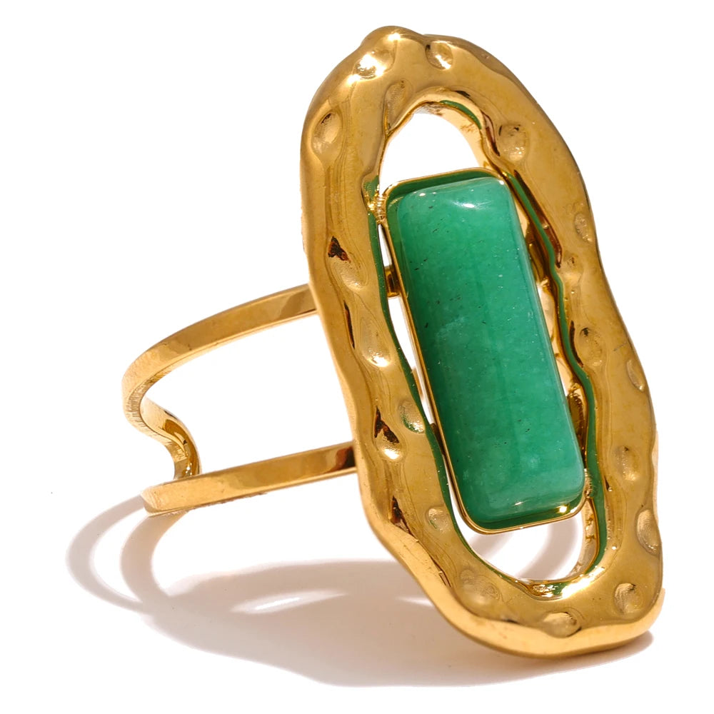Yhpup-Pedra Natural Anel Aberto Ajustável, Punho De Ágata Verde, 18K PVD Banhado, Aço Inoxidável, Dedo Dourado Jóias, Presente Da Moda, 2024