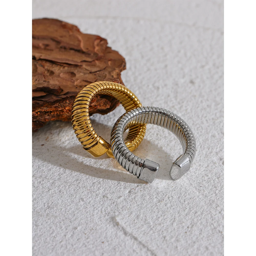 Yhpup moda aço inoxidável redondo elástico aberto anel minimalista 18k pvd banhado metal clássico textura jóias anillo bijoux