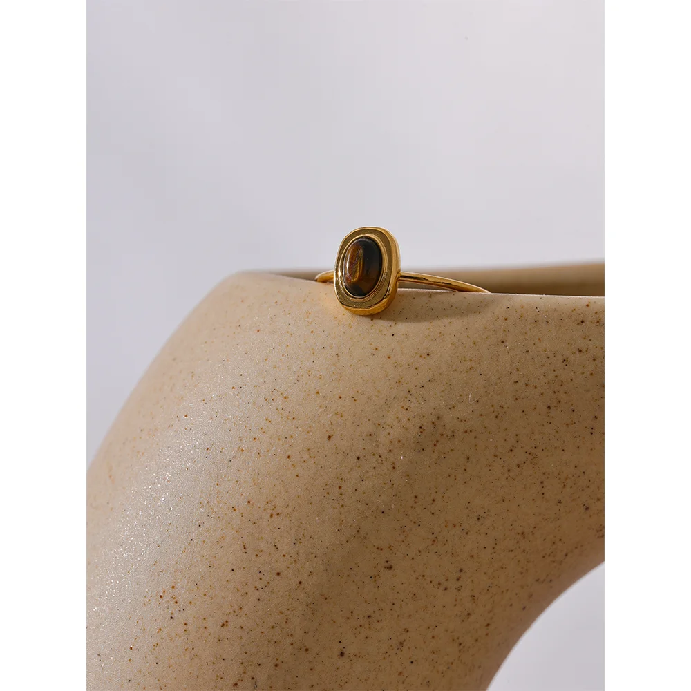 Yhpup-Anel Chique Oval Fino de Aço Inoxidável para Mulheres, Pedra Natural, Banhado a PVD 18K, Acessórios de Jóias Impermeáveis, Presente, 2024