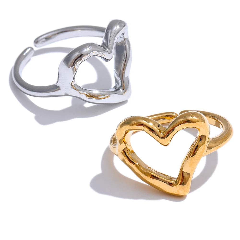 Yhpup minimalista aço inoxidável coração amor oco anel ajustável feminino à prova de ferrugem charme dedo jóias atacado bijoux
