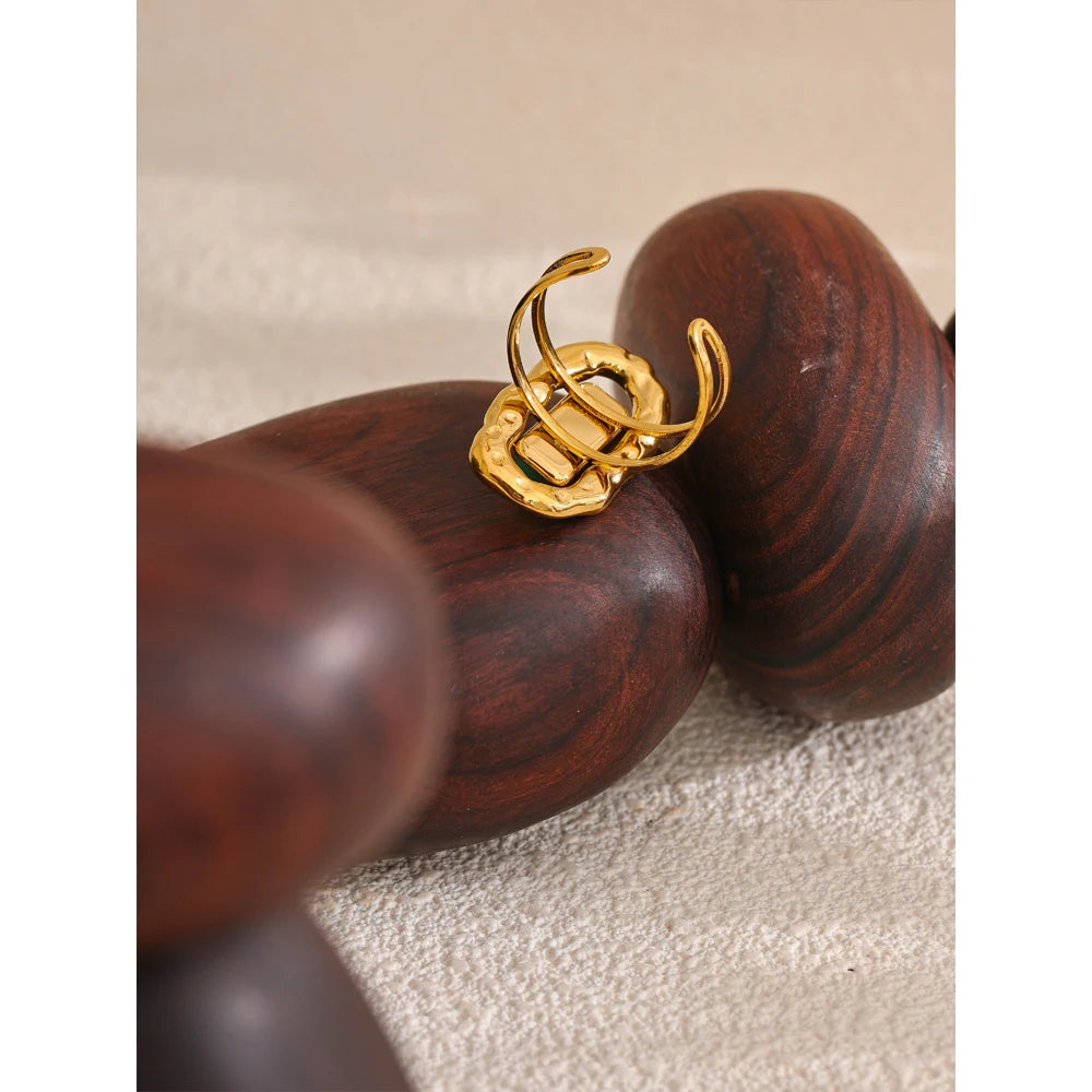 Yhpup-Pedra Natural Anel Aberto Ajustável, Punho De Ágata Verde, 18K PVD Banhado, Aço Inoxidável, Dedo Dourado Jóias, Presente Da Moda, 2024
