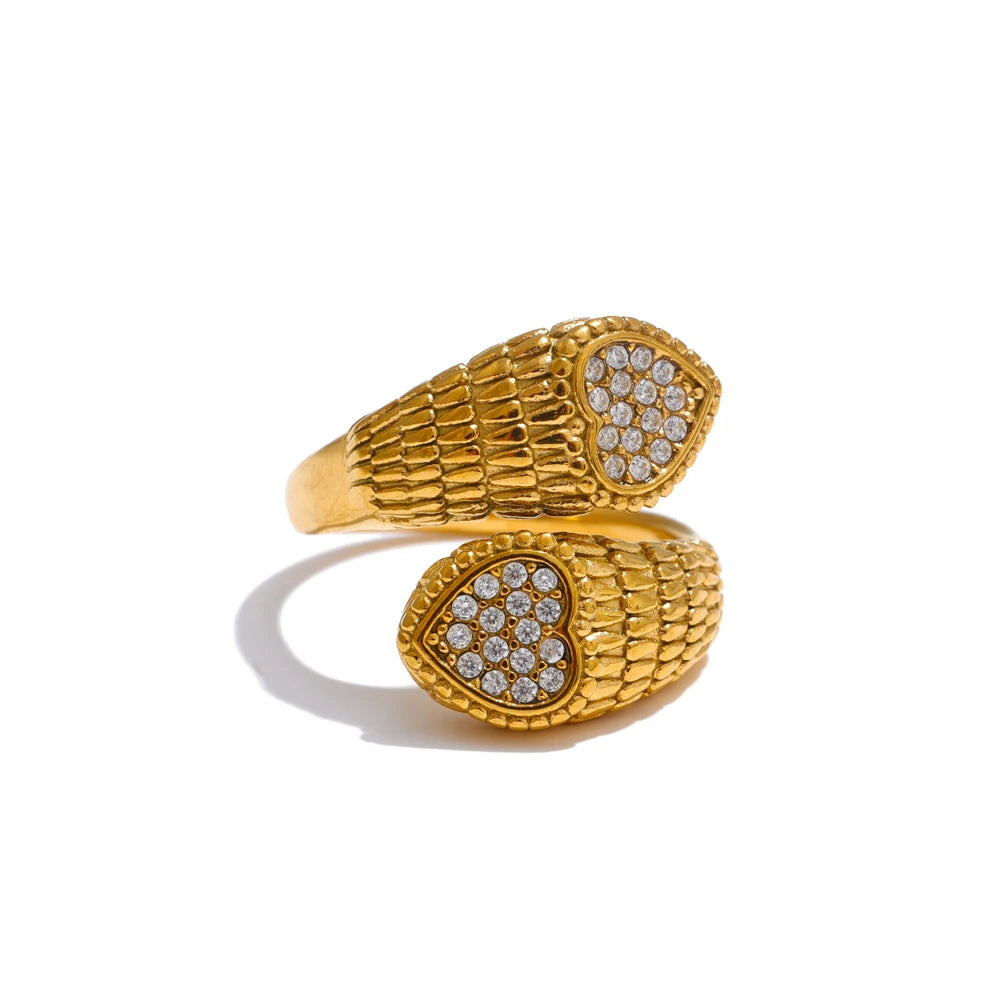 Yhpup elegante anel ajustável de aço inoxidável com zircônia coração cobra para mulheres joias banhadas a PVD 18K novo