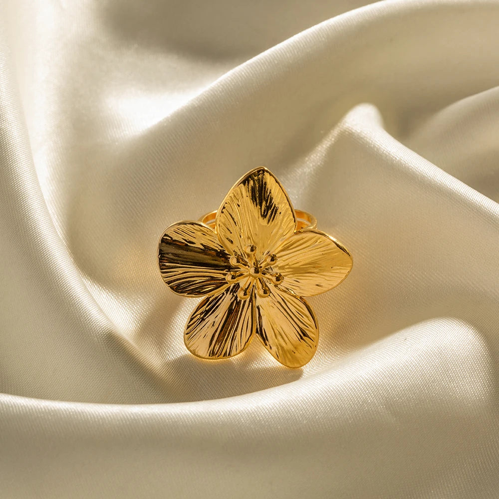 Uworld-anel aberto grande impermeável para mulheres, flor de aço inoxidável, cor de ouro 18k, moda moderna, jóias estilo verão, festa