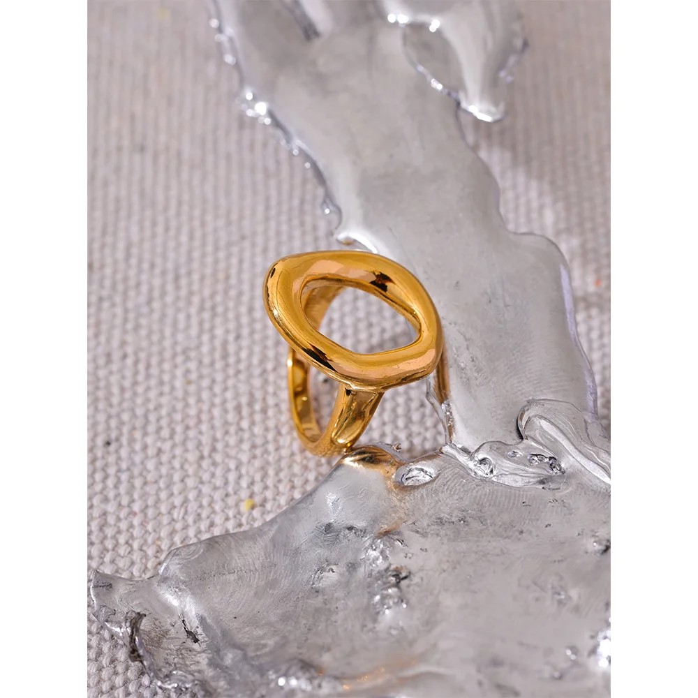 Yhpup criativo aço inoxidável geométrico oco dourado minimalista anel moda à prova dwaterproof água incomum na moda texturizada jóias