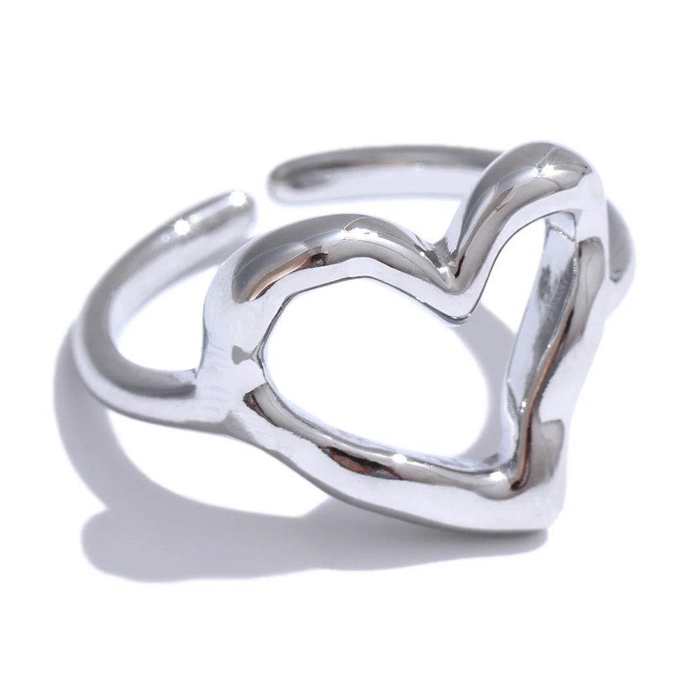 Yhpup minimalista aço inoxidável coração amor oco anel ajustável feminino à prova de ferrugem charme dedo jóias atacado bijoux