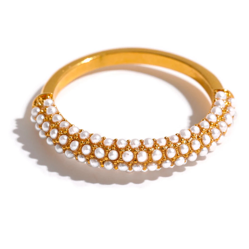 Yhpup-Anel elegante de pérolas para mulheres, amuleto de aço inoxidável, banhado a ouro 18k, impermeável, moda moderna, joias românticas