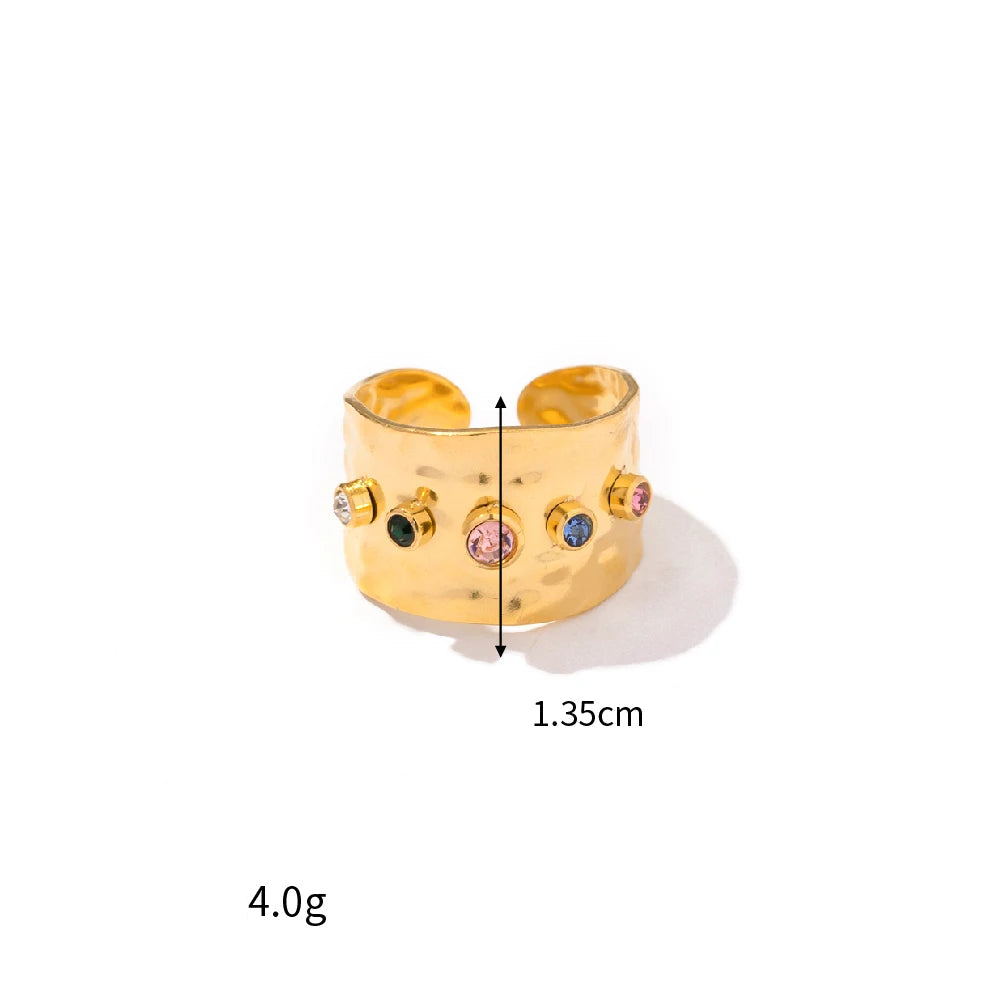 Uworld-Colorido Zircão Cúbico Banda Larga para Mulheres, Jóias de Aço Inoxidável, Impermeável Banhado a Ouro 18K, Anéis de Declaração, CZ Cristal