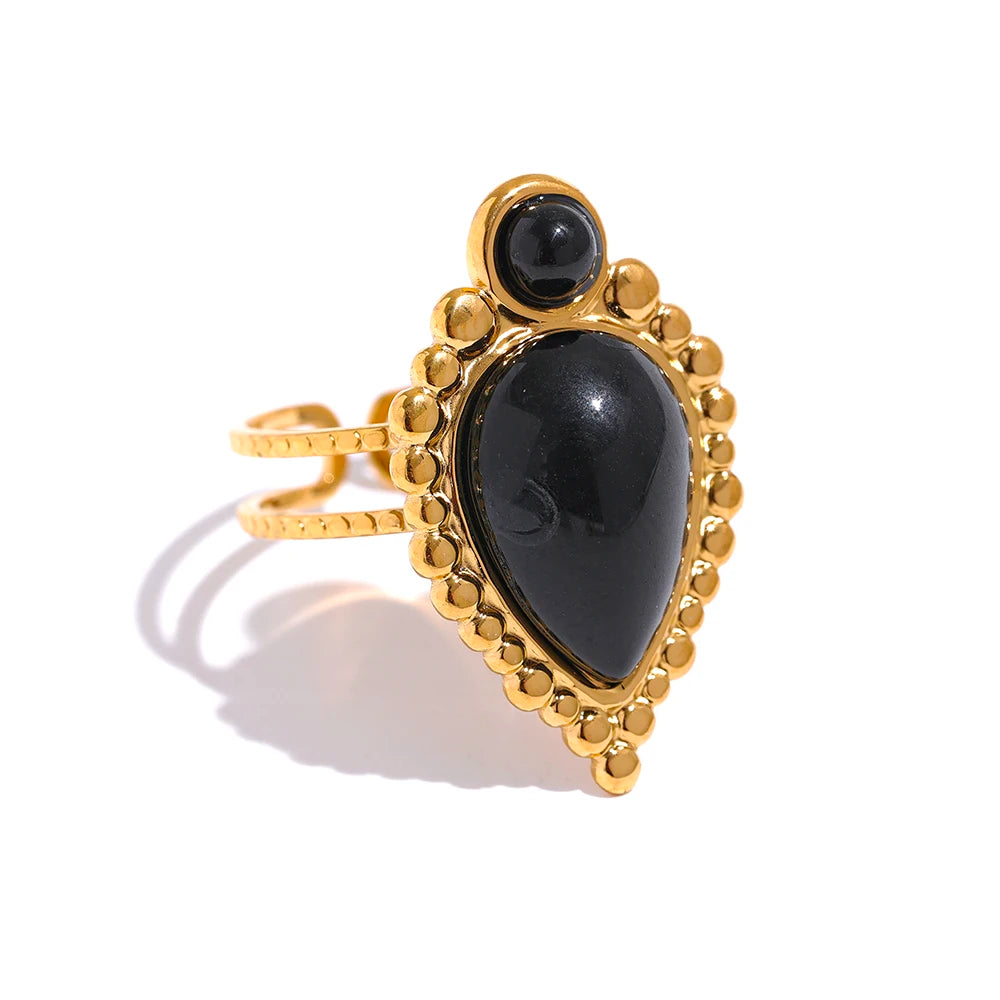 Yhpup-Anel Aberto de Aço Inoxidável para Mulheres, Pedra Natural, Ágata Artificial, Banhado a Ouro 18K, Jóias Moda Impermeável