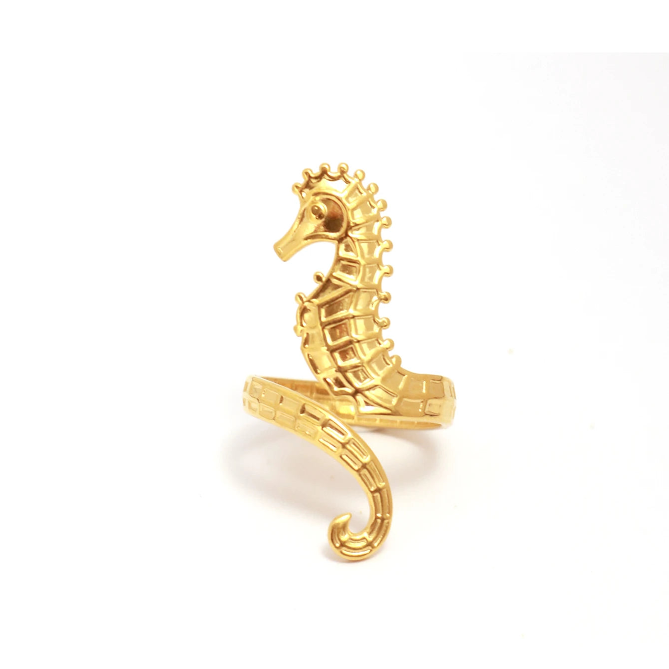Criativo 18K banhado a ouro PVD aço inoxidável anti mancha metálico cavalo marinho aberto anéis de coquetel ajustáveis para mulheres e meninas