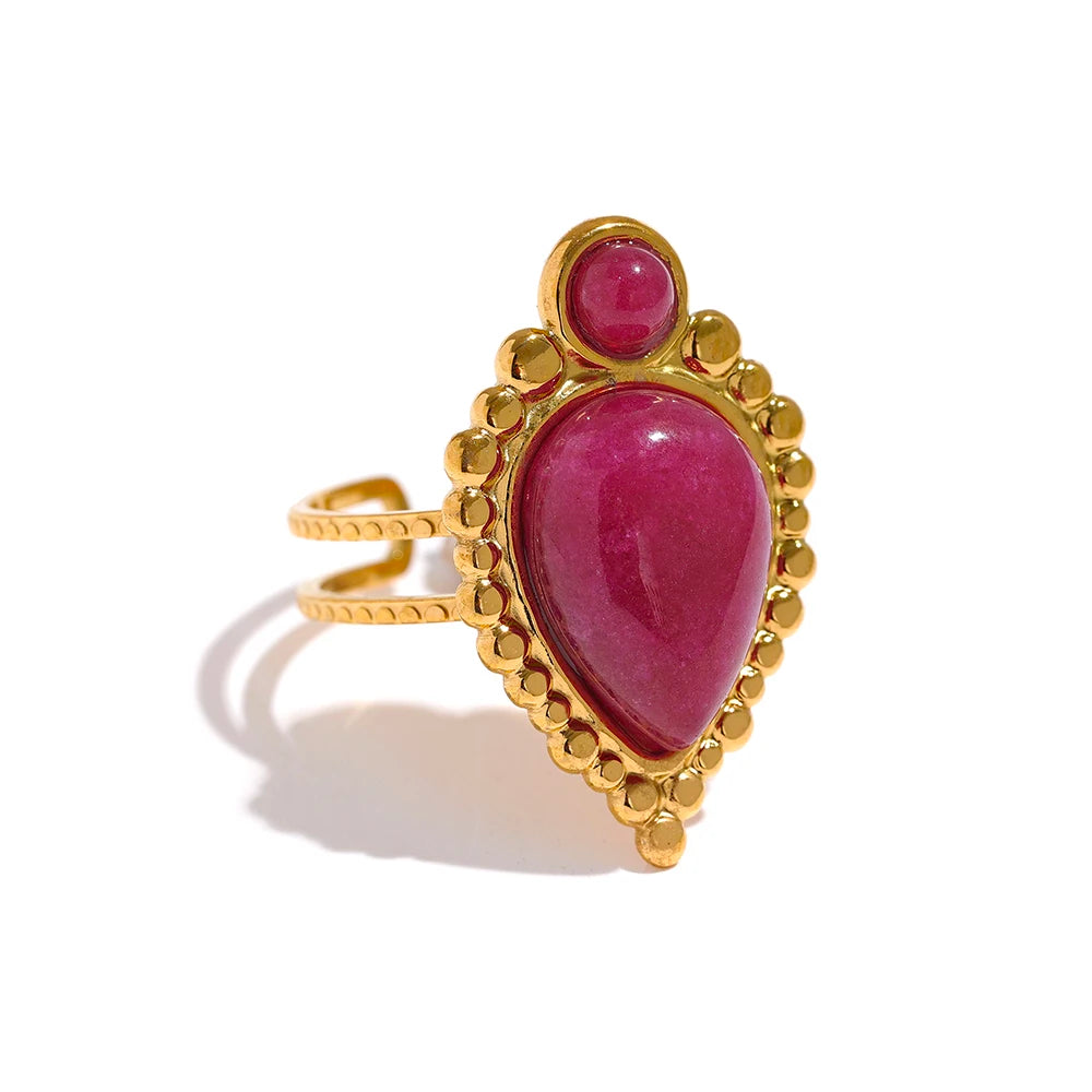 Yhpup-Anel Aberto de Aço Inoxidável para Mulheres, Pedra Natural, Ágata Artificial, Banhado a Ouro 18K, Jóias Moda Impermeável