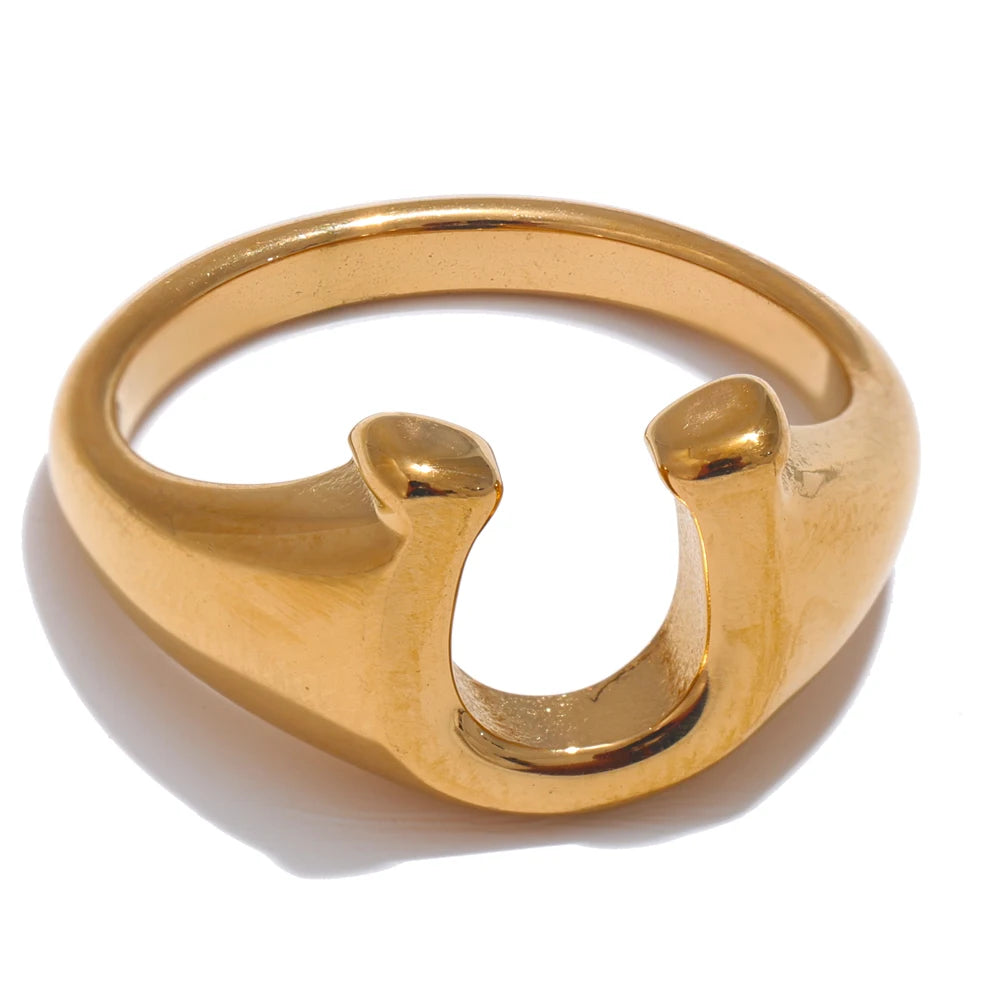 Yhpup-Aço Inoxidável Metal U Forma Anel, Símbolos de Sorte Únicos, Textura Banhada a PVD 18K, Jóias Impermeáveis, Presente Atacado
