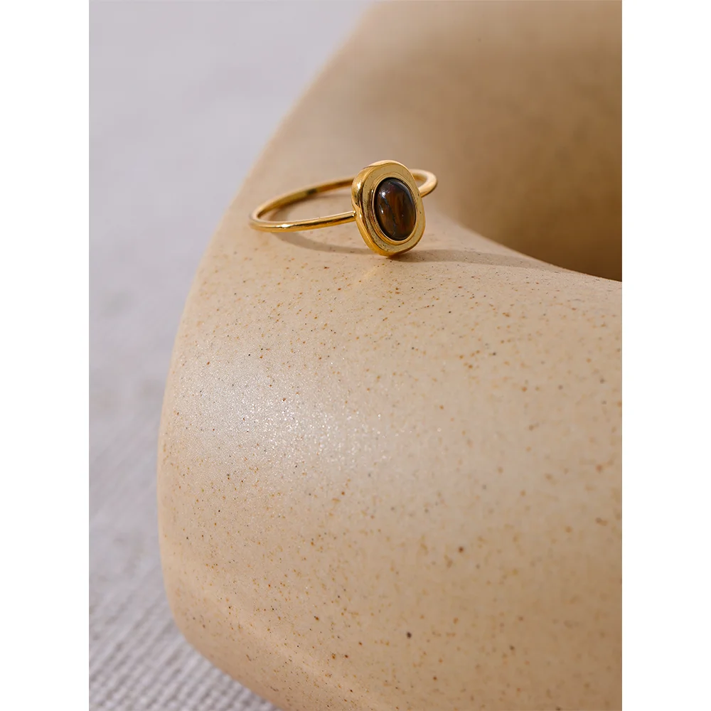Yhpup-Anel Chique Oval Fino de Aço Inoxidável para Mulheres, Pedra Natural, Banhado a PVD 18K, Acessórios de Jóias Impermeáveis, Presente, 2024