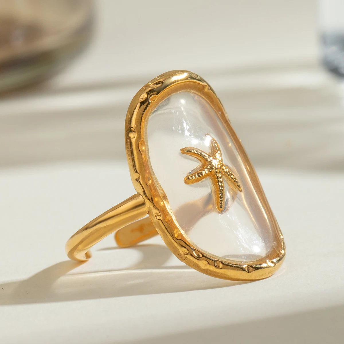 18k banhado a ouro oval starfish anel aberto para mulheres, aço inoxidável, padrão de martelo, oceano, vento, charme anti-alérgico, jóias diárias