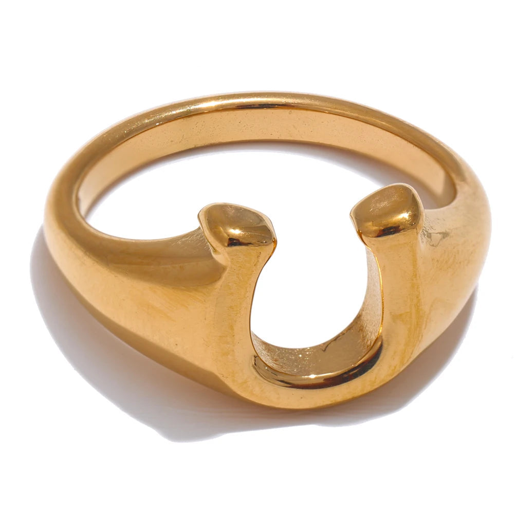 Yhpup-Aço Inoxidável Metal U Forma Anel, Símbolos de Sorte Únicos, Textura Banhada a PVD 18K, Jóias Impermeáveis, Presente Atacado
