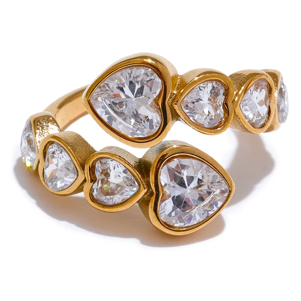 Yhpup-Delicado Cubic Zirconia Coração Aberto Anel, Aço Inoxidável, Cor Dourada, Moda Ajustável, Chic Charme Jóias, Alta Qualidade