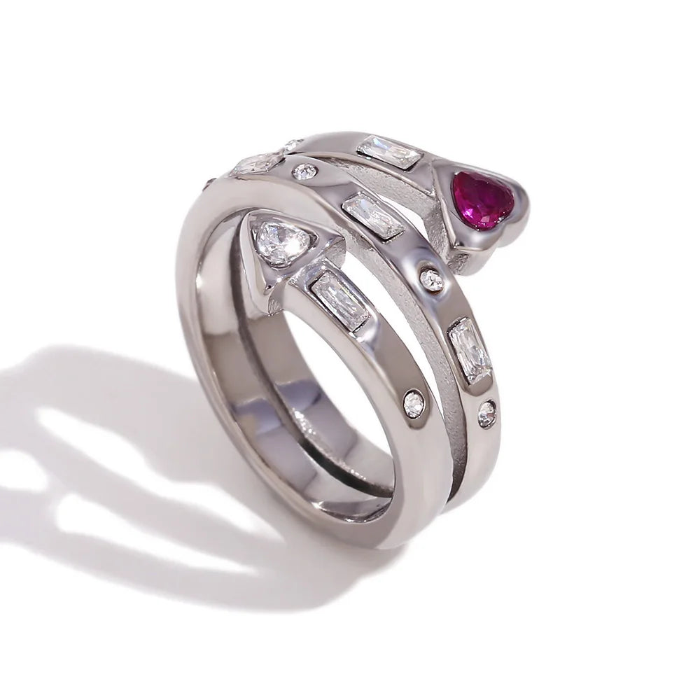 E.B. Belle-Three Layer Coração e Seta Zircon Anel Aberto, Jóias em Aço Inoxidável 316L, Acessórios Banhados a Ouro 18K