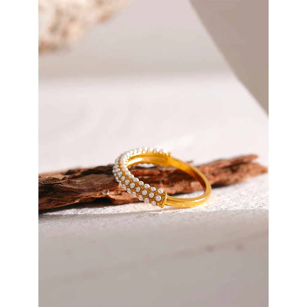 Yhpup-Anel elegante de pérolas para mulheres, amuleto de aço inoxidável, banhado a ouro 18k, impermeável, moda moderna, joias românticas
