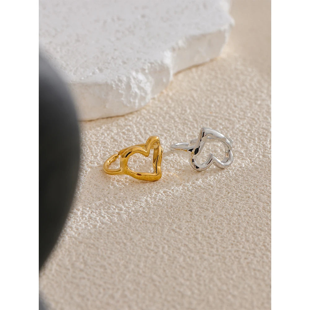 Yhpup minimalista aço inoxidável coração amor oco anel ajustável feminino à prova de ferrugem charme dedo jóias atacado bijoux