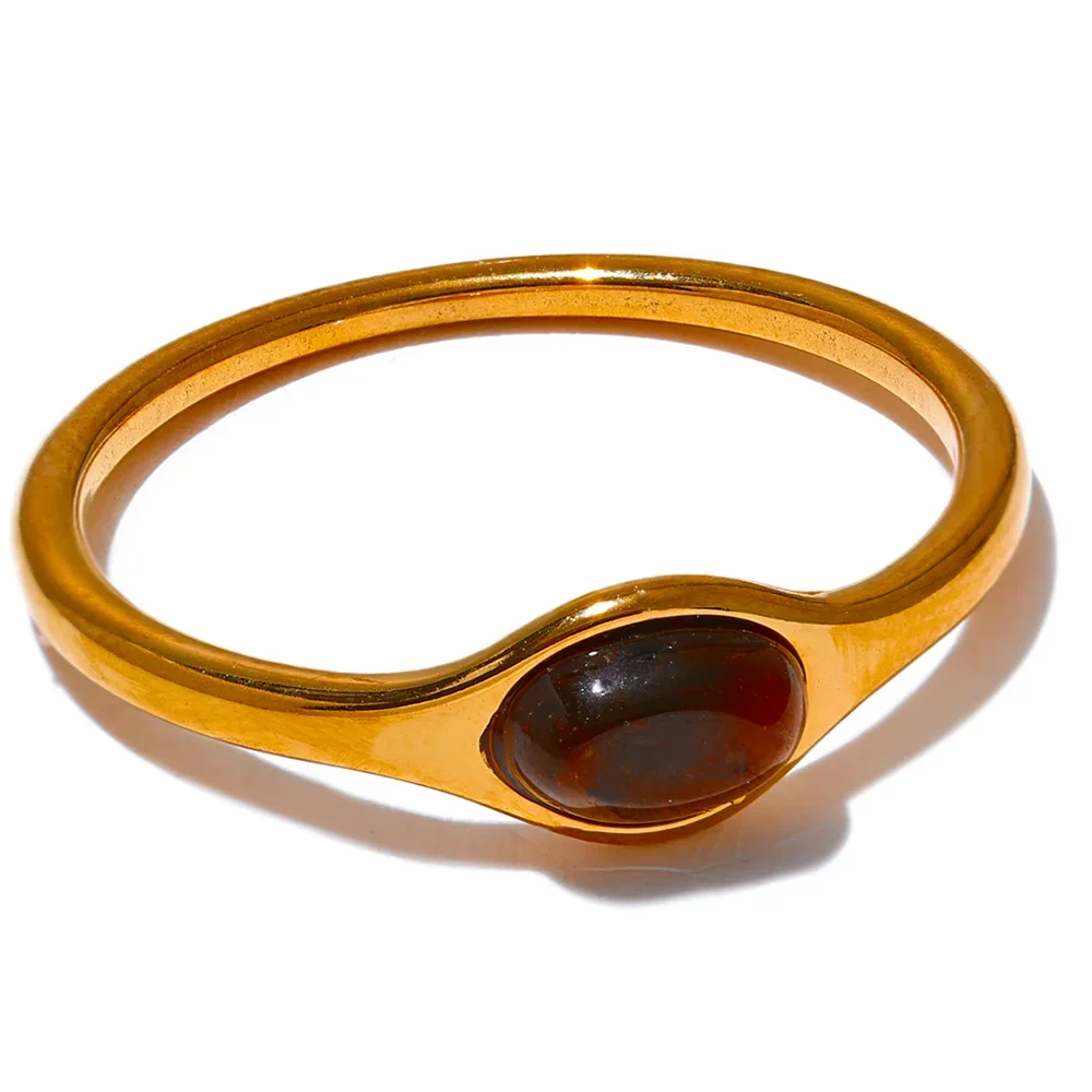 Yhpup-Anel Chique Oval Fino de Aço Inoxidável para Mulheres, Pedra Natural, Banhado a PVD 18K, Acessórios de Jóias Impermeáveis, Presente, 2024