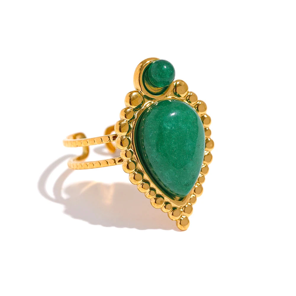 Yhpup-Anel Aberto de Aço Inoxidável para Mulheres, Pedra Natural, Ágata Artificial, Banhado a Ouro 18K, Jóias Moda Impermeável