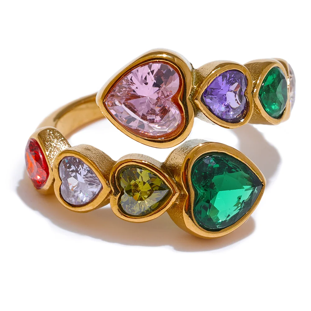 Yhpup-Delicado Cubic Zirconia Coração Aberto Anel, Aço Inoxidável, Cor Dourada, Moda Ajustável, Chic Charme Jóias, Alta Qualidade