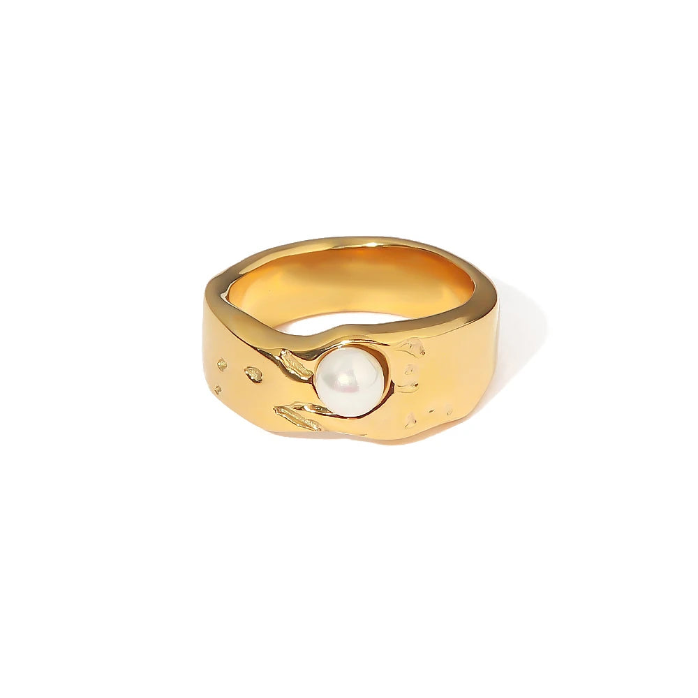 Uworld-18K anel banhado a ouro com pérola de água doce, anel estilo vintage, elegante imitação de jóias, acessórios de aço inoxidável, novo