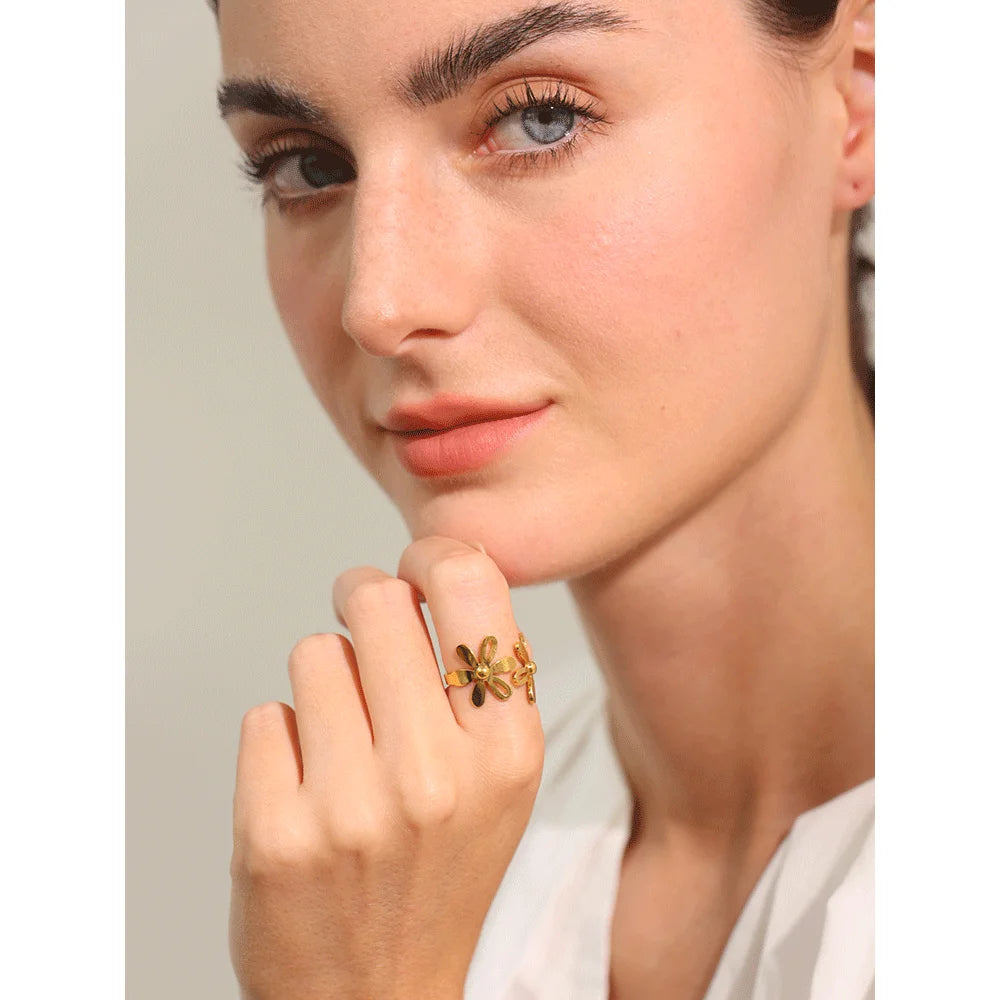 Yhpup-anel dourado aberto em aço inoxidável para mulheres, impermeável banhado a PVD 18k, joias elegantes, presente flor da planta, 2024