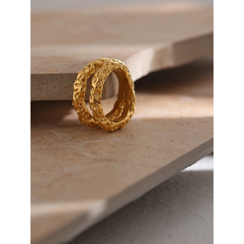 Yhpup anéis redondos de aço inoxidável para mulheres, textura dourada, metal banhado a 18 k, joias da moda, bagues despeje, presente feminino