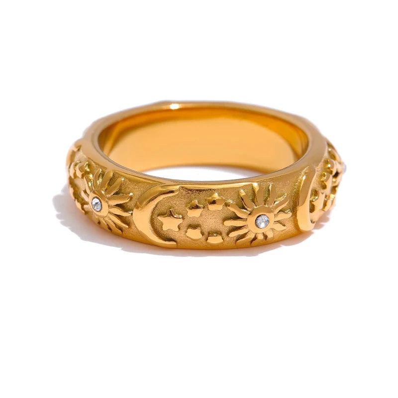 Anel feminino de aço inoxidável Yhpup-sol e lua estelar, joia de metal elegante, presente celestial, novo