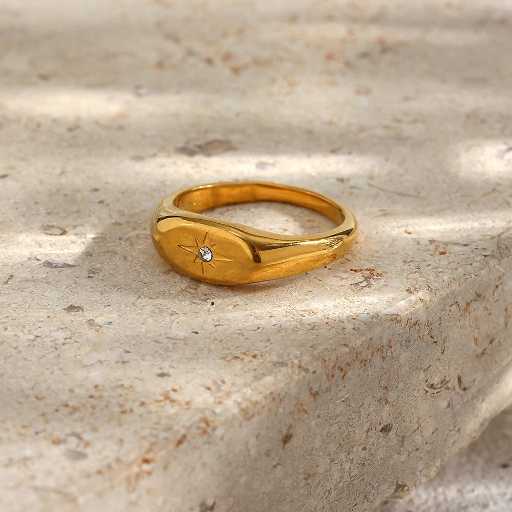 E.B. Belle-impermeável em aço inoxidável Oval Face Ring para senhora, zircão pavimentado Star Ring, resistente à água, anéis banhados a ouro 18k, 3A, novo
