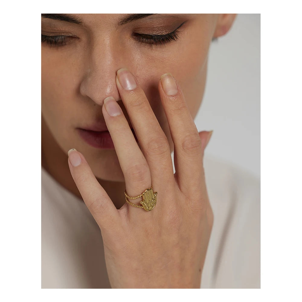 Yhpup-Anel de abertura de palma em aço inoxidável para mulheres, anel de metal em ouro 18 k