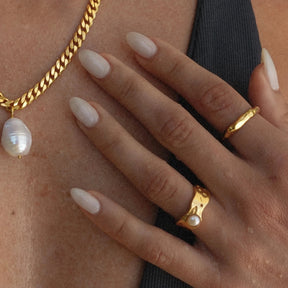 Uworld-18K anel banhado a ouro com pérola de água doce, anel estilo vintage, elegante imitação de jóias, acessórios de aço inoxidável, novo