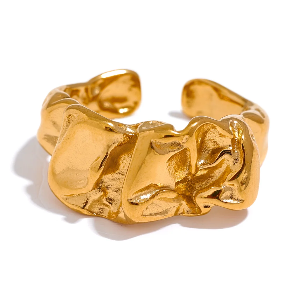Yhpup-Anel de Metal Largo em Aço Inoxidável para Mulheres, Textura Criativa, Temperamento Impermeável Jóias, Cor Dourada, Acessórios, Novo