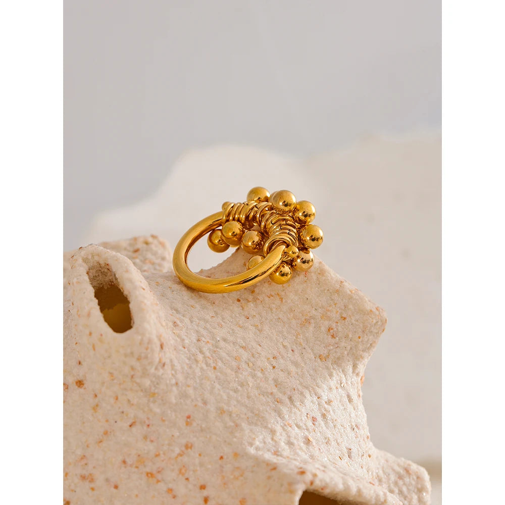 Yhpup-Aço Inoxidável Metal Em Camadas Rodada Beads Anel, 18K PVD Gold Plated Textura, Acessórios de Jóias Personalizados, Alta Qualidade