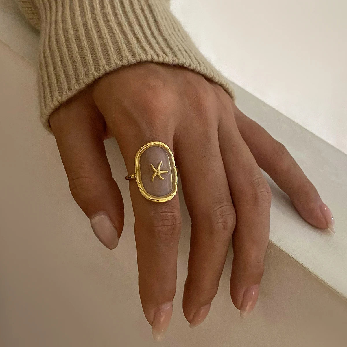 18k banhado a ouro oval starfish anel aberto para mulheres, aço inoxidável, padrão de martelo, oceano, vento, charme anti-alérgico, jóias diárias