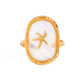18k banhado a ouro oval starfish anel aberto para mulheres, aço inoxidável, padrão de martelo, oceano, vento, charme anti-alérgico, jóias diárias