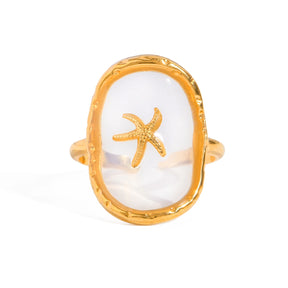 18k banhado a ouro oval starfish anel aberto para mulheres, aço inoxidável, padrão de martelo, oceano, vento, charme anti-alérgico, jóias diárias
