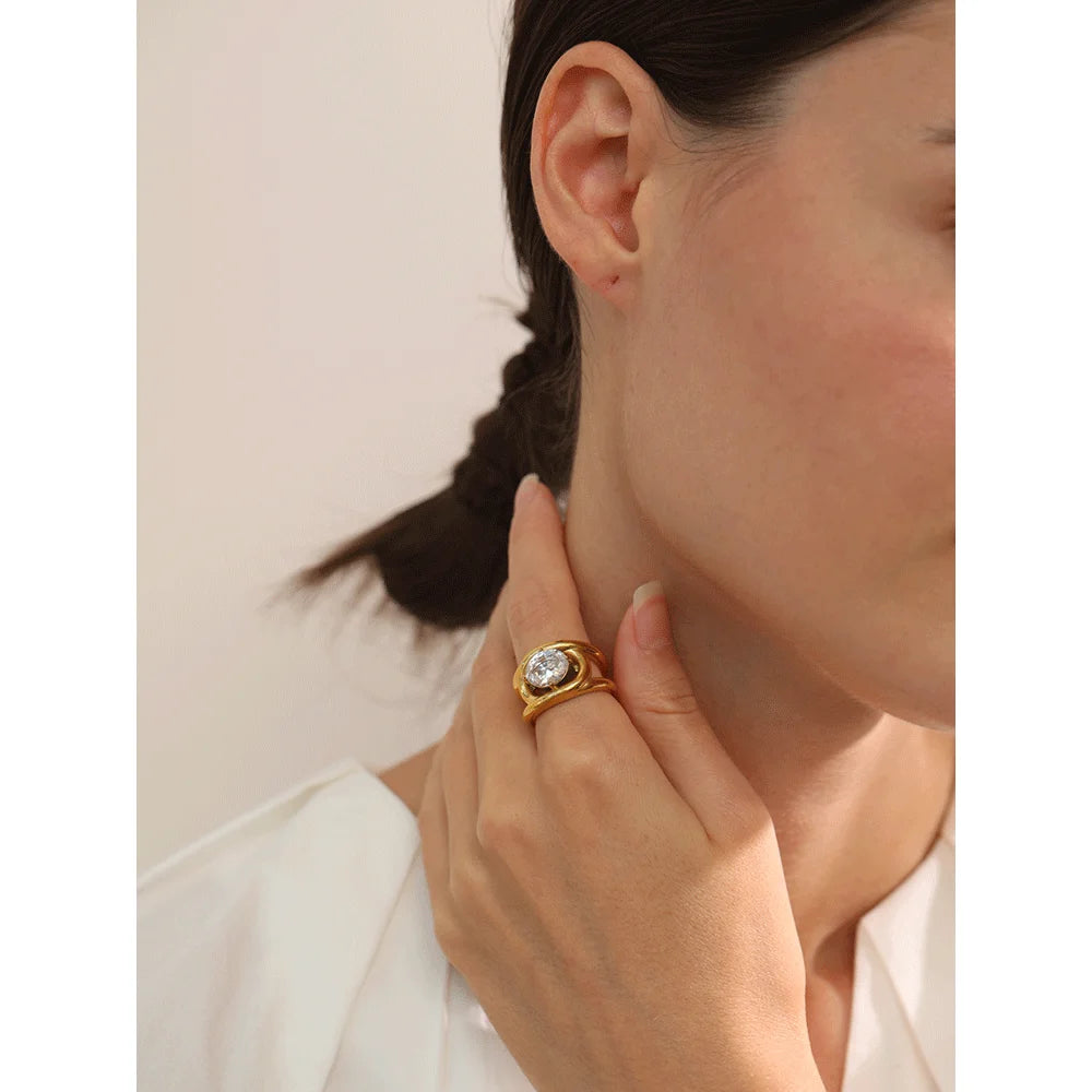 Yhpup brilhante aaa zircônia cúbica aço inoxidável cor de ouro pvd anel banhado temperamento moda feminina moda dedo jóias presente