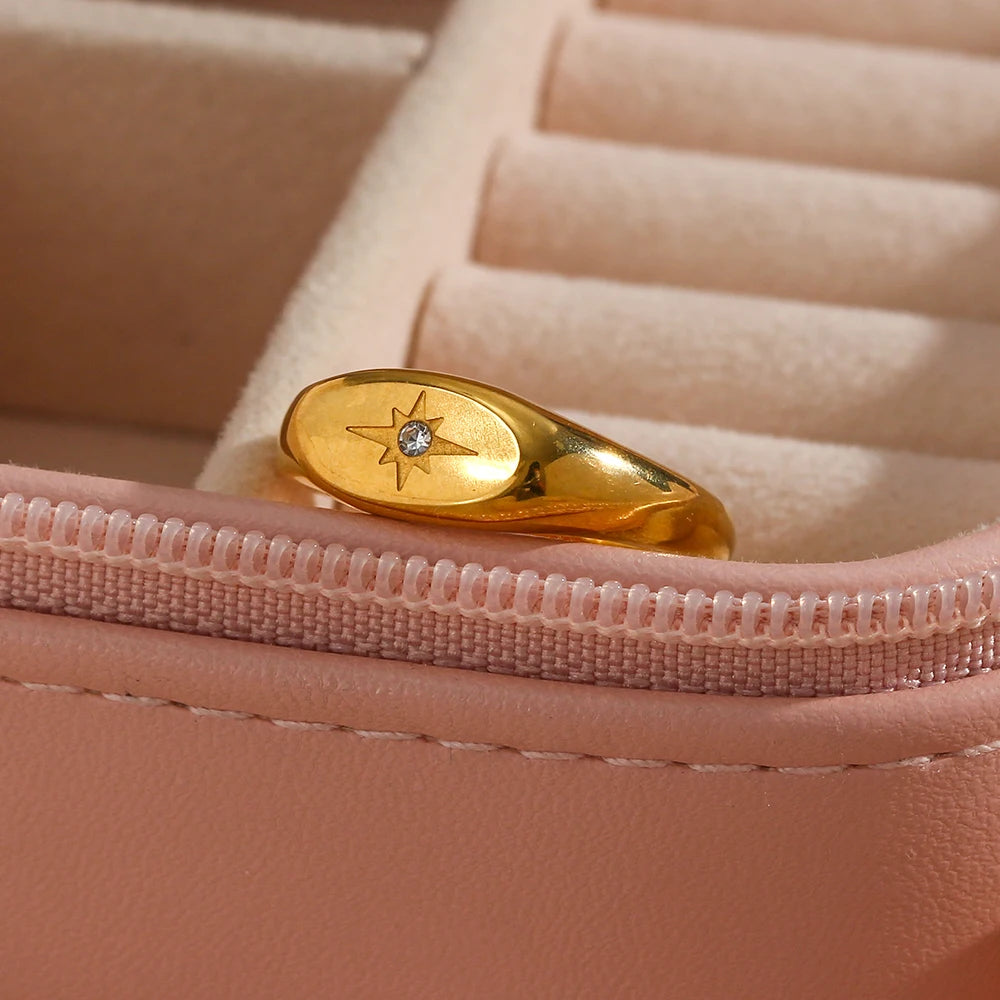 E.B. Belle-impermeável em aço inoxidável Oval Face Ring para senhora, zircão pavimentado Star Ring, resistente à água, anéis banhados a ouro 18k, 3A, novo