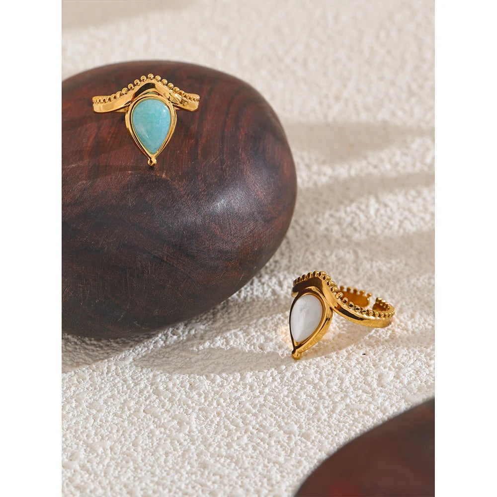 Yhpup-Pedra Natural Shell Anel Aberto Ajustável, Charme de Aço Inoxidável, Azul e Branco, Amazonite Jóias, Daily Fashion Gift, França, 2024