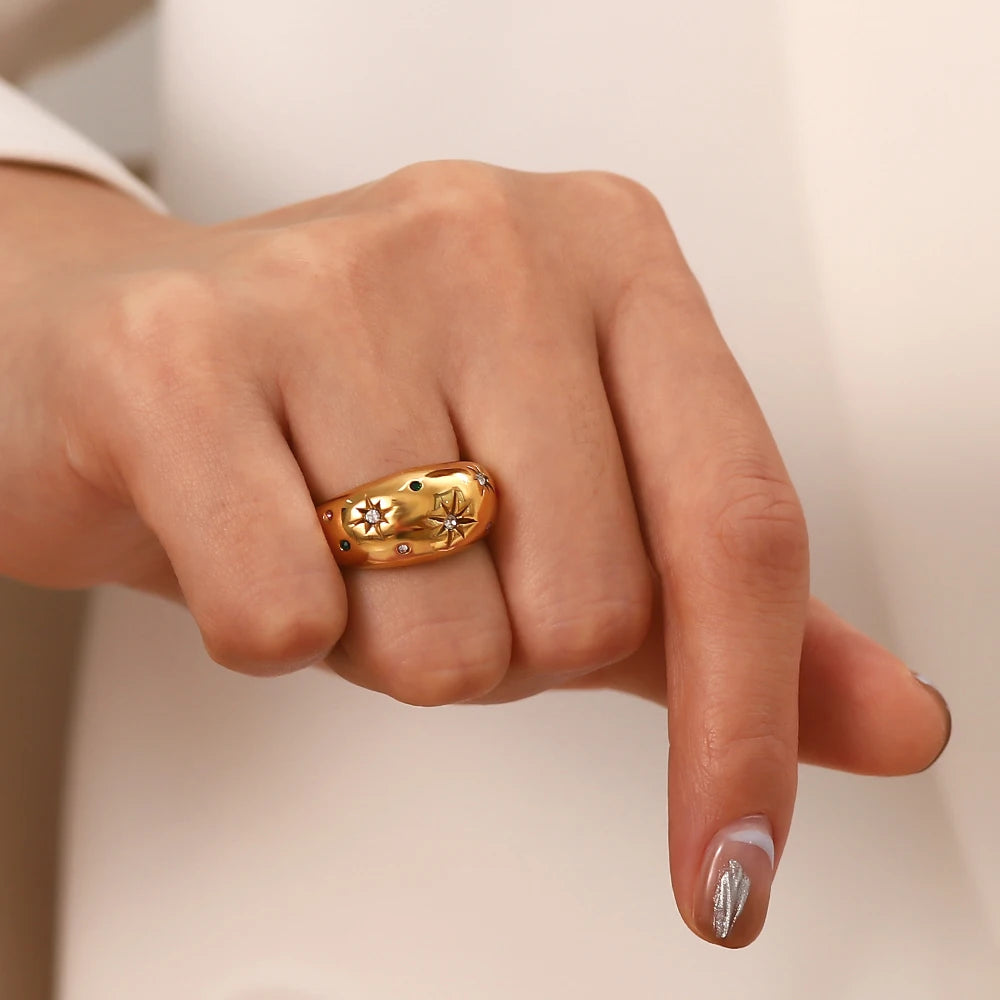 Youthway impermeável 18k cor de ouro geométrico aço inoxidável suave gordinho estrela anel bijoux femme novas jóias