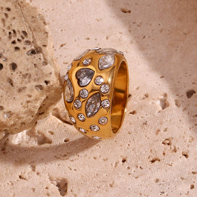 Anel de cúpula de strass para mulheres, olho de cavalo, coração, zircão hipoalergênico, banhado a ouro 18k, aço inoxidável 316L, decoração
