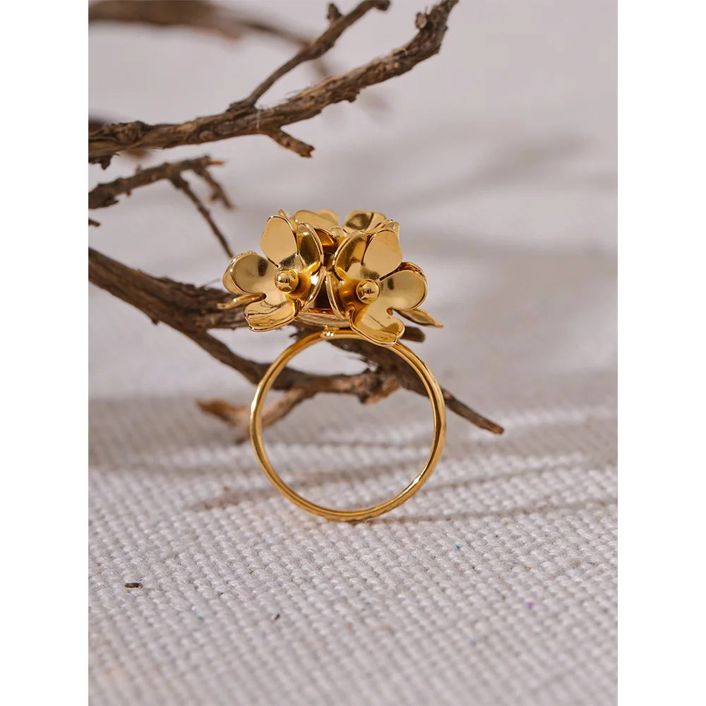 Anel feminino ajustável yhpup, flor estereoscópica de aço inoxidável, amuleto de metal, joia diária, moda chique, prova de ferrugem dourada