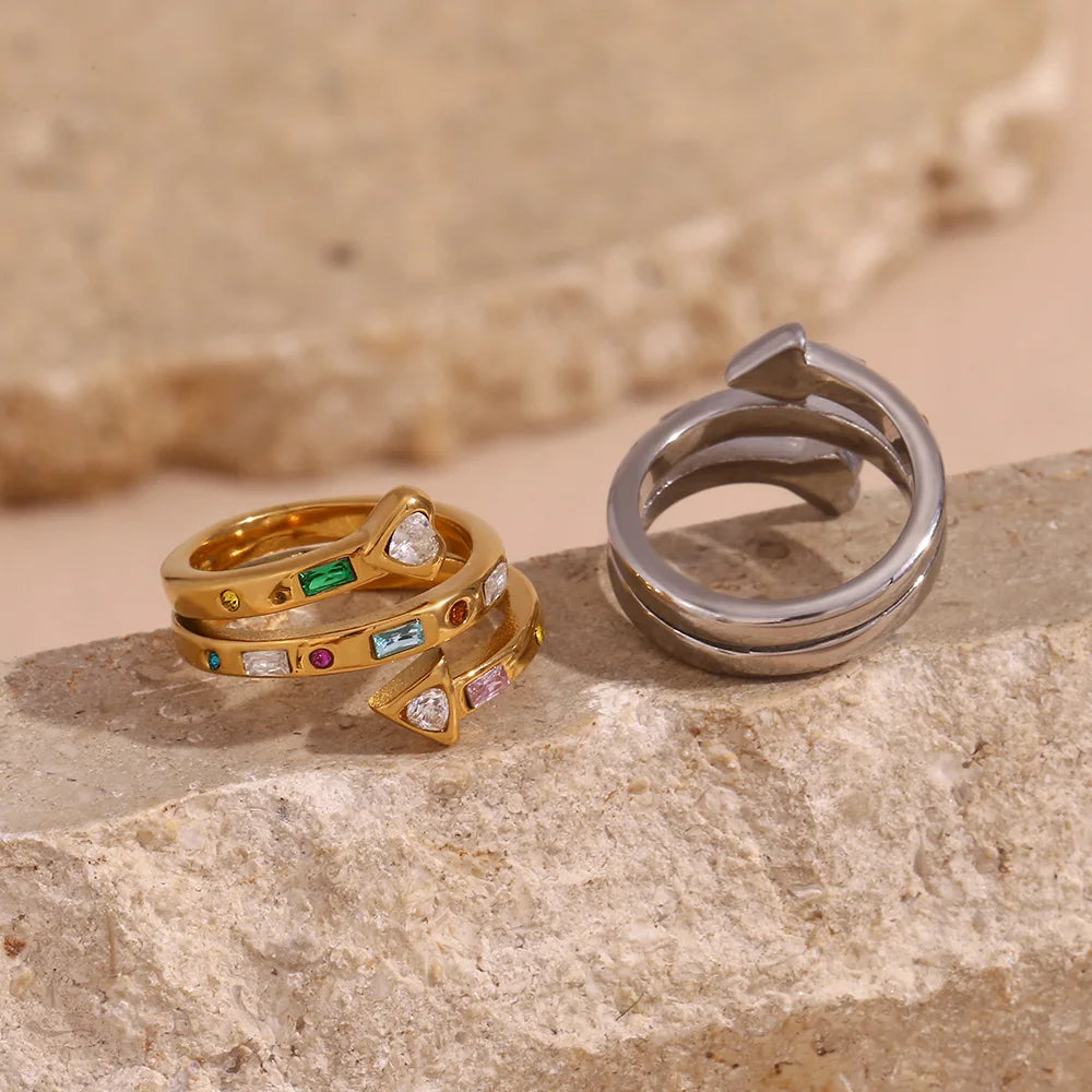 E.B. Belle-Three Layer Coração e Seta Zircon Anel Aberto, Jóias em Aço Inoxidável 316L, Acessórios Banhados a Ouro 18K